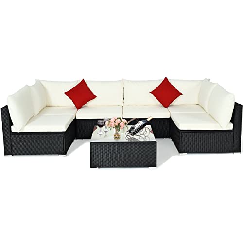 Image of DEVOKO 6 Seater Wicker Outdoor Garden Sectional Conversation Furniture with Glass Top Table & Waterproof Cushion for Patio, Deck, Lawn, Poolside (Black & White)
