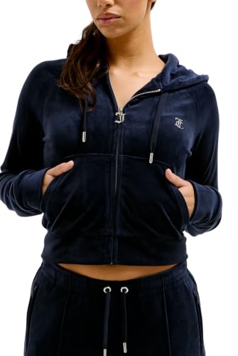 Juicy Couture Felpa da Donna Madison con Cappuccio e Cerniera in Velluto, Cielo Notturno, S