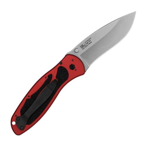 Image of Kershaw Blur Folding Pocket Knife, 3.4 inch Stonewashed 14C28N Steel Blade, Red Anodized Aluminum Handle with Black Trac-Tec Inserts, Reversible Pocketclip; 3.9 OZ