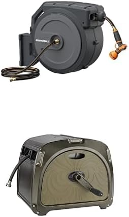 Bundle of Giraffe Tools AW40 Retractable Garden Hose Reel 5/8 inch x 90 ft Wall Mounted +Giraffe Tools SW5 100ft 5/8" Metal Hose Reel Box,Crank Handle,Green