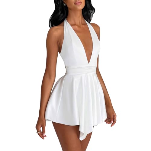 LuFeng Women's Sexy Sleeveless Halter Deep V Neck Backless Tie Back Waist Flowy Drape Satin Cocktail Mini Dress3