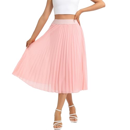 Womens Chiffon High Waist Skirt Pleated A-Line Swing Elastic Shirring Midi Length4