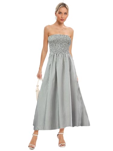 Image of Aigeman Women Strapless Tube Maxi Dress Flowy Swing Long Beach Sundress Sleeveless Boho Summer Dress with Pokets 330