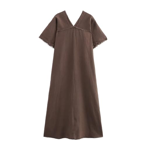 Archicolor Vestido longo estilo preguiçoso marroquino solto minimalista moda feminina retrô linho te