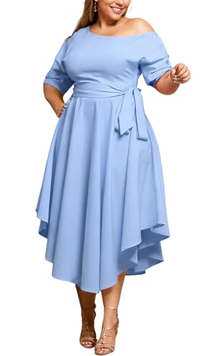 Image of Plus Size Women Wedding Guest Dress Off Shoulder Boat Neck Irregularly Flowy Midi Church Dress