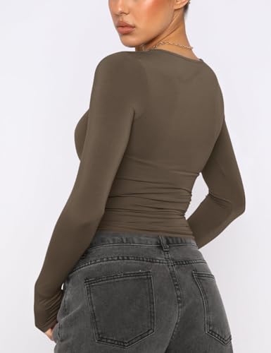 Image of AKEWEI Long Sleeve Crop Tops for Women 2 Pack Fall Going Out Outfits Cute Tight Basic Tees Shirt