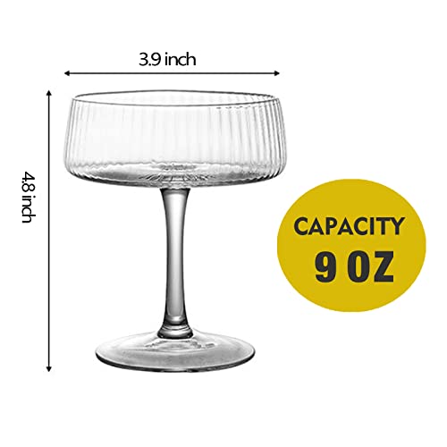Roxburgh Martini Glasses | Vintage Art Deco Crystal Champagne Coupe Glasses Set Of 4 With 4 Cocktail Picks | 9 Oz Ribbed Classic Cocktail Glassware For Champagne, Wine And Manhattan #TOP6