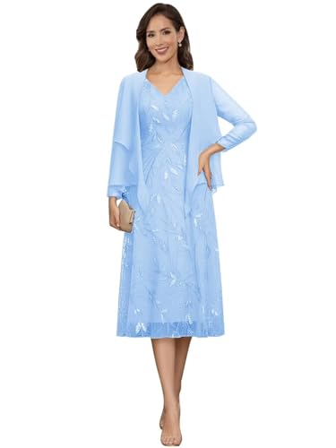 Image of 2 Pieces Mother of Bride Dresses with Jackets - Sequin Lace Chiffon A-Line Tea Length Formal Evening Dresses for Women