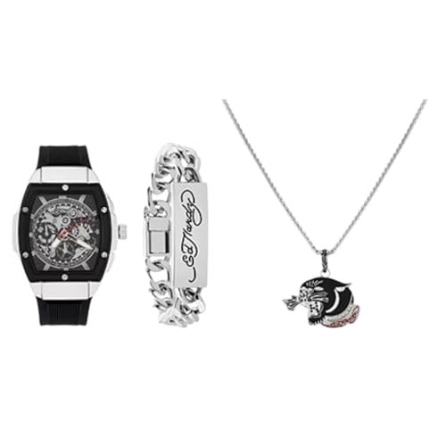 ED HARDY montre homme avec collier et bracelet argenté parure masculine en acier