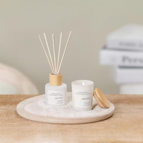 French Connection Linen White Home Fragrance Gift Set | Scented Candle & Reed Diffuser with Wooden Plate & Sand | Luxury Aromatherapy Set | Coastal Sea Salt & Coconut (Small) - Image 4