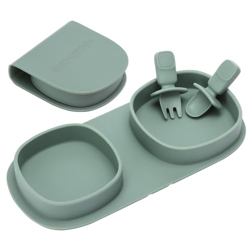 Image of yahaa Silicone Foldable Novelty Dinner Plates,Baby Plates Travel Essential with Forks and Spoons,Microwave & Dishwasher Safe,Sage