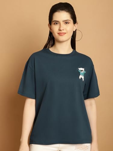 Image of Fabflee Oversized Cotton Baggy Drop Shoulder Graphic Tee with Half Sleeves | Korean Casual Loose T-Shirt for Women