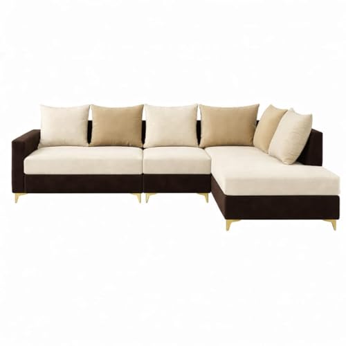 Image of FURNY Gloriss 6 Seater Fabric RHS L Shape Sofa Set with Multi-Color Beige Cushions (Cream-Dark Brown) Premium Velvet Finish with Golden Legs | Ideal for Living Room, Offices