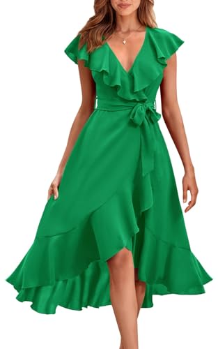 Image of PRETTYGARDEN Women's 2023 Summer Wrap Maxi Dress Casual Boho Deep V Neck Short Sleeve Ruffle Hem Split Beach Long Dresses
