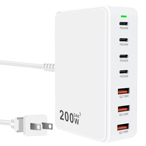 USB C Charger Station 200W 7 Port GaN Fast Charging Block, Multiport PD QC3.0 Brick Hub Compatible...