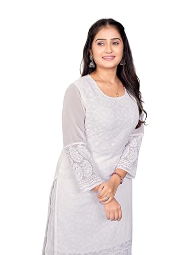 Image of IMPEX Hand Embroidered Chikankari Georgette Kurta for Women | Kurti | 3 /4th Sleeves | Round Neck | Ethnic Kurta | Ideal for Casual Wear, Festive, Wedding & Parties