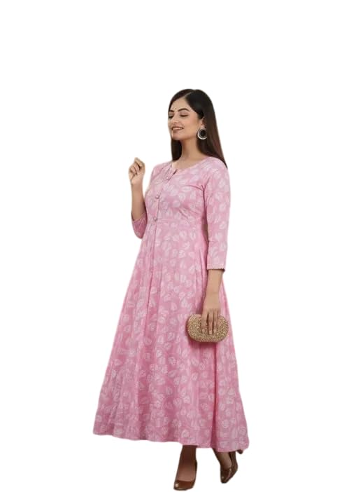 Raj Fashion Women's 3/4th Sleeves Round Neck Floral Printed Calf Length Flared Pleated Ethnic Gown Light Pink-picture-20
