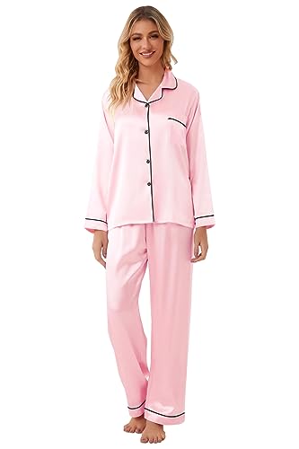 Image of Schbbbta Girls & Women Satin Pajamas Set, 2Piece Silk Nightwear Button-Down Sleepwear for Teen Kids, 3 Years - Women XXL