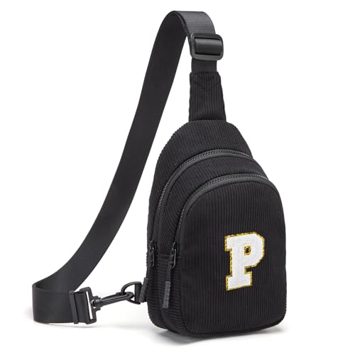 Small Corduroy Sling Bag Initial Crossbody Bag Fanny Pack for Girls Personalized Birthday Gifts for Teen Girls Gifts Black P