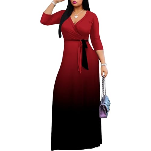 Image of PinkPatty Women's Plus Size Maxi Dress Casual 3 /4 Sleeve Dress with Belt | Soft stretch feel, printed style, flowy A-line fit, v neck, waist tie, side pockets, for vacation, party and daily wear