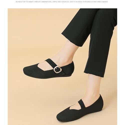 Women's Knitted Flat Mary Jane Shoes Breathable Mesh Square Toe Soft Bottom Non-Slip Adjustable Buckle Dress Flat Shoes Suitable for Business Work4