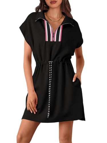 Fisoew Womens Short Sleeve Mini Dress Summer Quarter Zip V Neck Casual Sweatshirt Dresses with Drawstring Waist