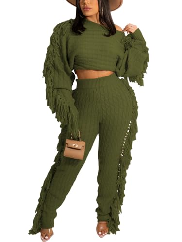 Image of Angsuttc Sweater Sets for Women Knitted Tassels 2 Piece Outfits Solid Long Sleeve Cropped Sweaters and Pants Set