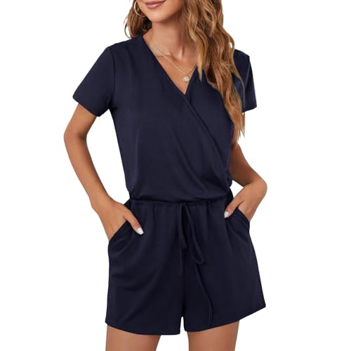 CLOUSPO Sommer Jumpsuit Damen Elegant Playsuit Casual Overall Kurzärmel Romper Verstellbarer elastischer Bund einfarbiger mit Taschen (Blau, L)