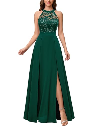 Image of MIUSOL Women's Elegant Halter Neck Sleeveless Lace Floral Wedding Guest Banquet Party Maxi Dress (XX-Large, Dark Green)