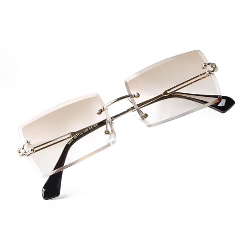 Laurinny Rectangle Sunglasses for Women Men Fashion Rimless Lightly Tinted Small Shades, Gold Frame Gradient Brown Lens
