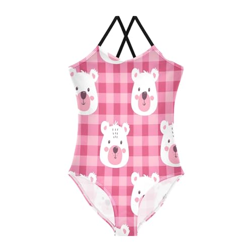 Pink Checkered with A Bear's Face Girls One-Piece Swimsuit Beach Bathing Suit