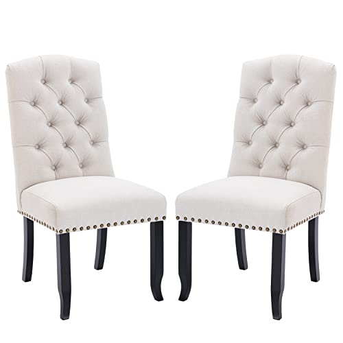 Colamy Button Tufted Dining Chairs Set Of 2, Upholstered Parsons Dining Room Chairs, Fabric Kitchen Side Chair With Nailhead Trim And Wood Legs, Beige #TOP7