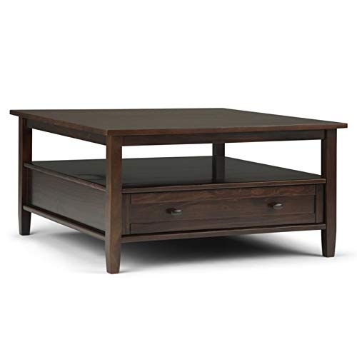 SIMPLIHOME Warm Shaker SOLID WOOD 36 inch Wide Square Transitional Coffee Table in Tobacco Brown, for the Living Room and Family Room