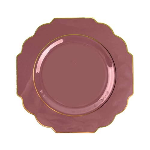 Efavormart 10 Pack | 11" Cinnamon Rose Hard Plastic Baroque Dinner Plates With Gold Rim, Heavy Duty Disposable Dinnerware
