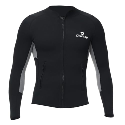 Owntop Herren Neoprenanzug-Oberteil-Jacke - 2mm Neopren Langarm für Wärme Komfort | Langlebiger YKK Frontreißverschluss | Verlängerte Rückenklappe | 2 Reißverschlusstaschen, Herren Grau XXL