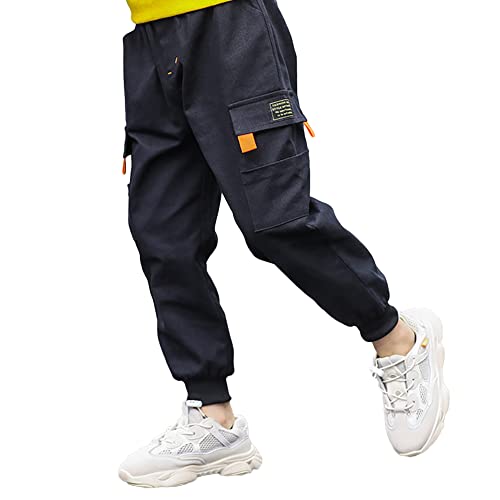Rolanko Pantalon Cargo Garçon Jogging Enfant Slim Fit Camouflage Pantalons Ave Taille Élastiquée, Tout Noir, Taille du Tag: 170