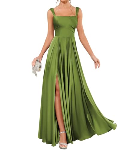 Vestidos de dama de honor de satén para mujer, vestidos de dama de honor con abertura, vestidos de graduación, plisados, vestidos de cóctel, talla grande, verde oliva, 46