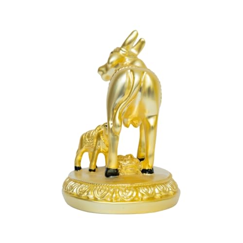 Image of Gold Matte Kamdhenu Cow with Calf Idol | Small Size Gold-Plated Holy Cow & Calf Statue | Divine Symbol of Wealth & Abundance | Festival & Housewarming Gift | Size 8.5cm x 5cm x 5.5cm
