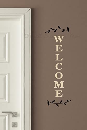 Miniatura 3 de Calcomanías verticales de bienvenida de vinilo con letras de laurel, decoración de pared, 10 x 30 pulgadas, color negrobeige