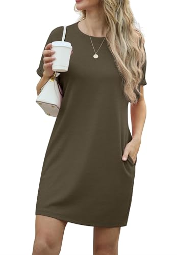 GRECERELLE Kleider Damen Sommer Kurzarm Strandkleid A-Linie Elegant Rundhals Sommerkleider mit Taschen Einfarbig Summer Dress Tshirt Kleid Leicht und Luftig Freizeitkleider
