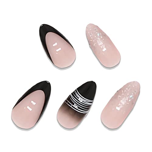 Babalal Almond Press On Nails Medium Fake Nails Black French Glue On Nails Stiletto Acrylic Nails 24Pcs Shiny Nails With Design False Nails Press On #TOP1