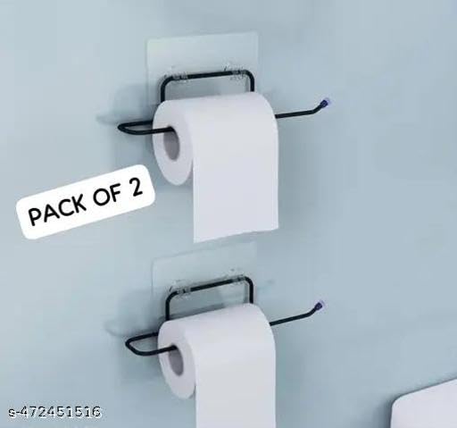 (Buy 1 GET 1) Self Adhesive No Drill Toilet Paper Holder/Tissue Paper Roll Holder/Hanger/Towel Bar Stand for Bathroom Accessories (Black, 2)(2 PIS+ Tissue)/19_KP1163 1