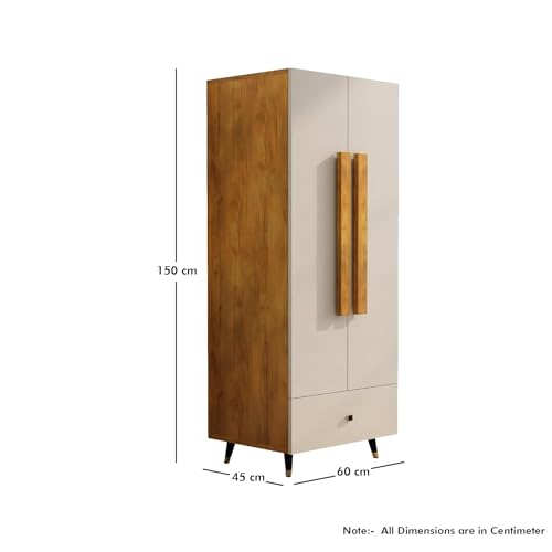 Image of Bniture Wooden Almirah for Clothes, Door for Bedroom, 2 Door Wardrobe with Drawer & Hanging Space (45D x 60W x 150H CM) | 3 Year Warranty (Giant Wood & Frosty White)