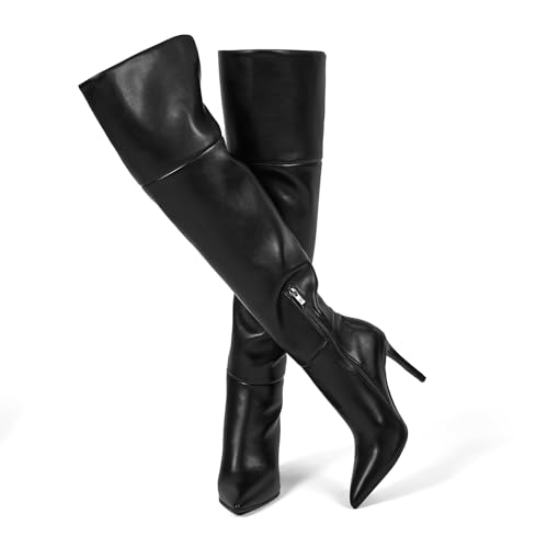 wetkiss Black Thigh High Boots for Women 4 in Stiletto Heel Over the Knee Boots with Ponited Toe Half Side Zipper High Heeled Fashion Dress Tall Boot Wide Calf PU Leather Winter Long Boot, Size 7