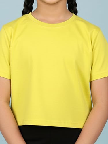 Image of KiddoPanti Girls 100% Cotton Solid Drop Shoulder Half Sleeve Round Neck Crop Tee
