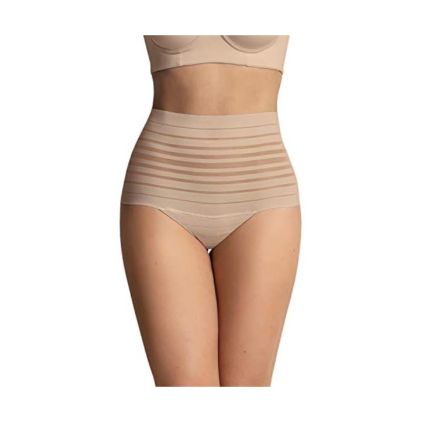 Leonisa Seamless High Waisted Thong Panty with Lace Stripe - Slimming Tummy Control Underwear Beige