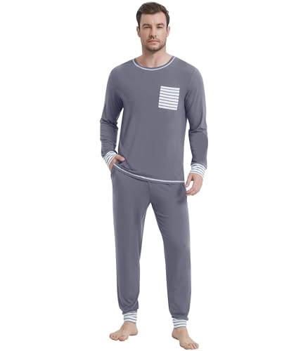Image of NACHILA Mens Pajamas Set Long Sleeve Henley Sleepwear Top Soft Jogger Pants Pajamas Cool Pjs Set,Viscose Made from Bamboo