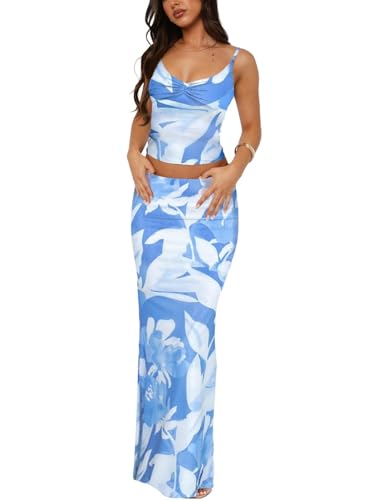 Image of Two Piece Skirt Set for Women - Sexy Sleeveless Spaghetti Strap Pleated Tank Top Maxi Long Skirts Sets
