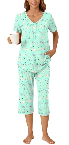 Image of Bestbee Women's Pajama Sets 2 Piece Lounge Outfits Summer Sleepwear V Neck Short Sleeve Capri Pant With Pockets Ladies Pjs