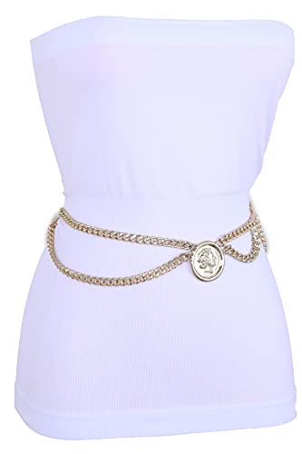 TFJ Women Fashion Skinny Belt Hip High Waist Gold Metal Chain Big Coin Medallion Charm Wave M L XL4